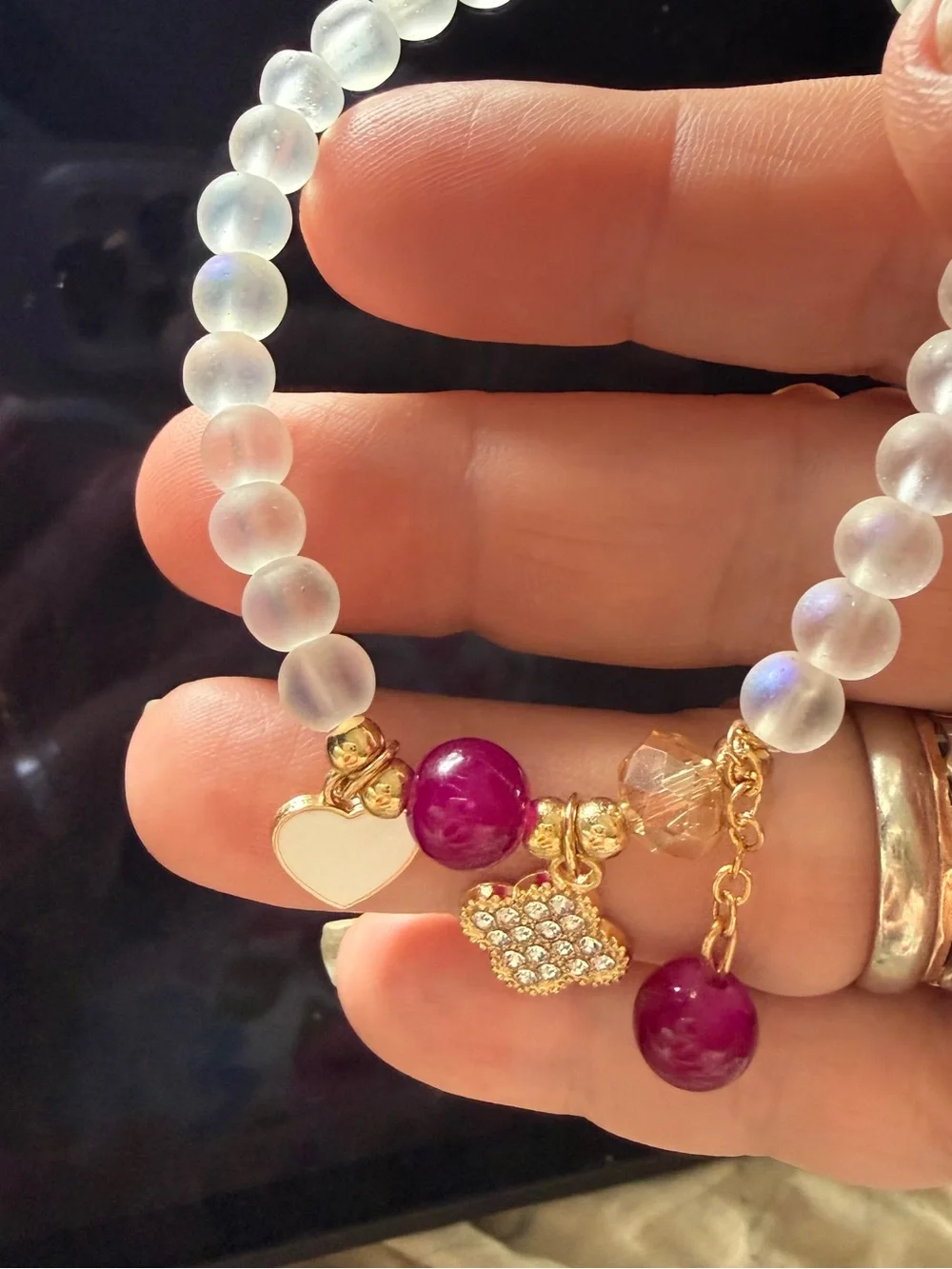 Charm Bracelet with cranberry and White Frosted Beads